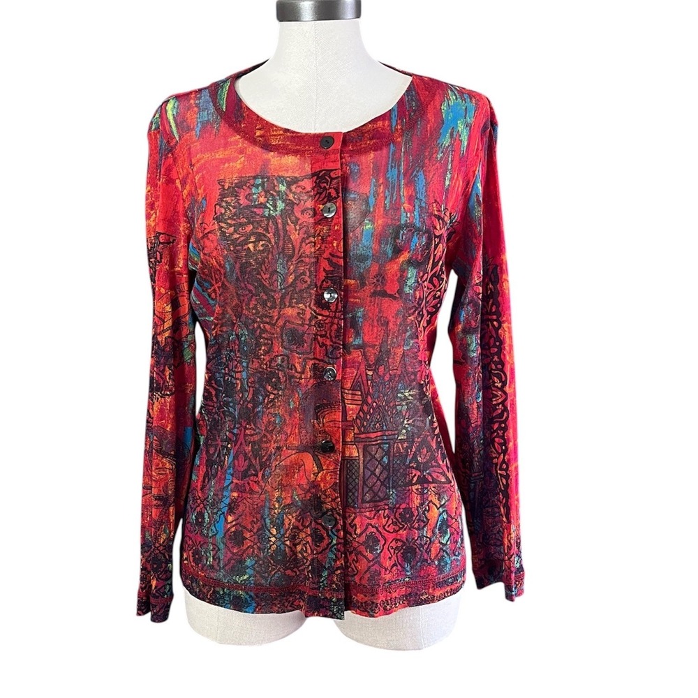 Chicos Womens Red Abstract Art Print Mesh Button Front Cardigan Size 2 Large